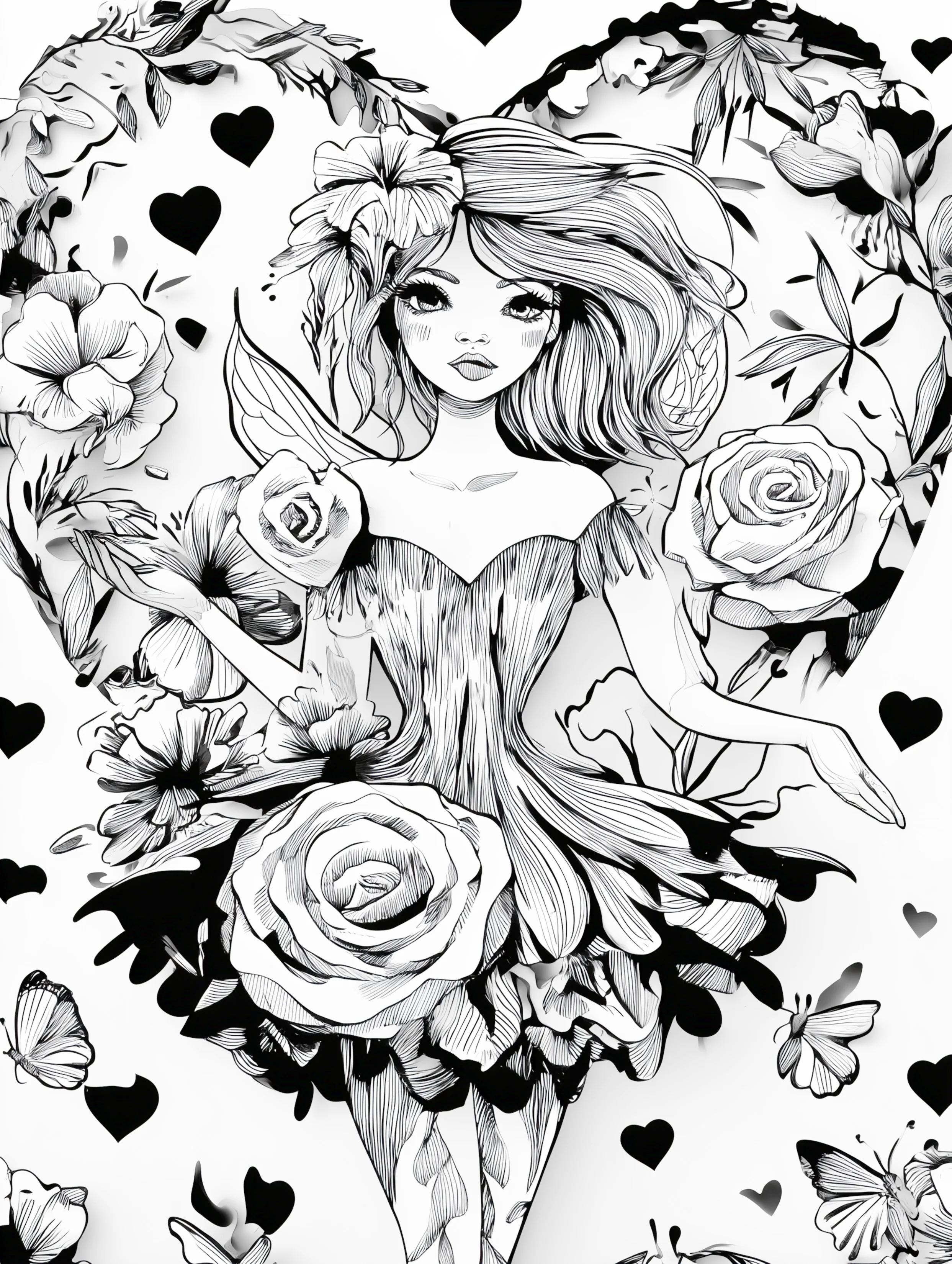 Free printable beautiful fairy coloring page featuring a heart frame fairy